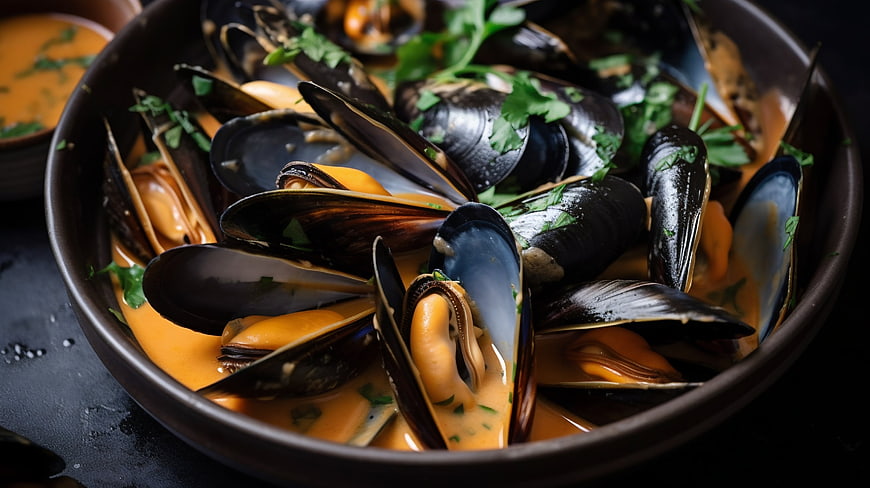 Creamy Mussels in Orange Sauce with Parsley Garnish