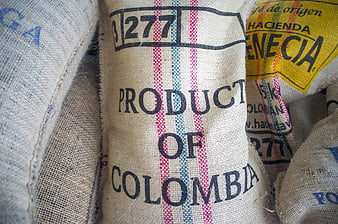 Close-up of Colombian Coffee Burlap Sacks with Hacienda Label