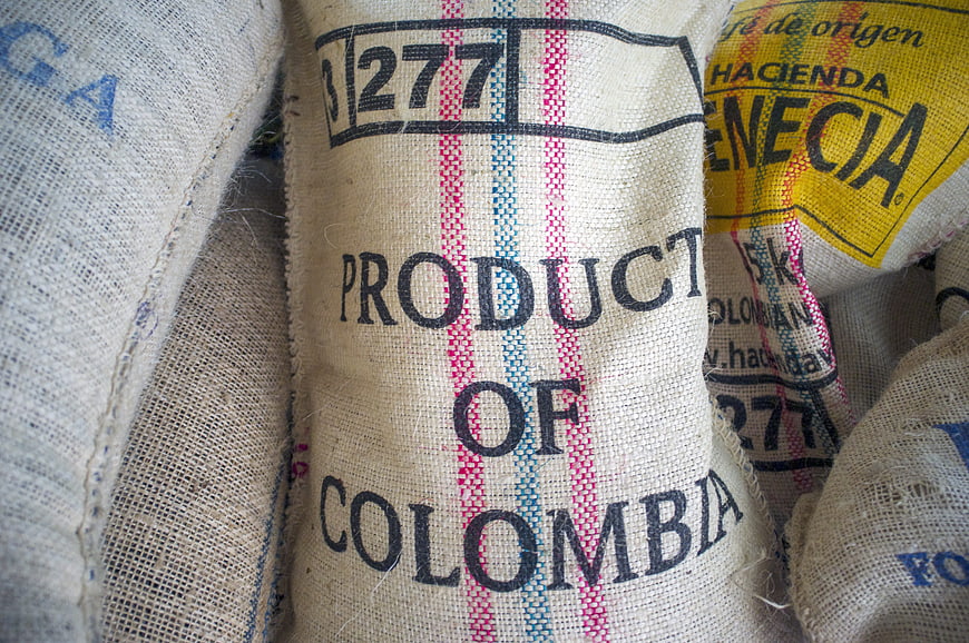 Close-up of Colombian Coffee Burlap Sacks with Hacienda Label