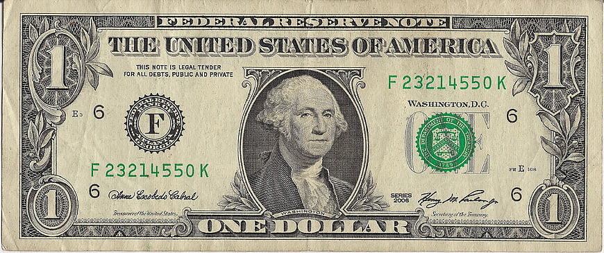 Front view of a United States one dollar bill