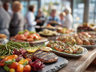 Gourmet Grilled Meat and Vegetable Buffet Spread