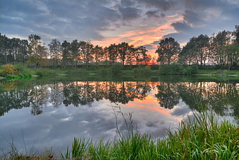 Serene Lake Reflection at Sunset with Forest Silhouette