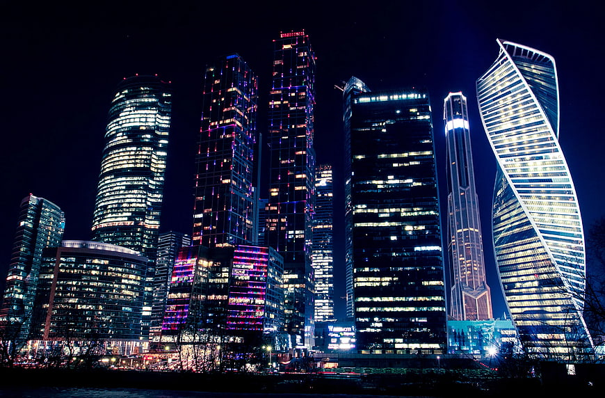 Moscow City Skyline at Night with Illuminated Skyscrapers