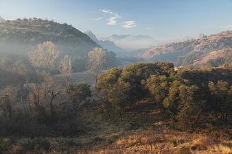 Misty Mountain Valley Landscape with Golden Morning Light