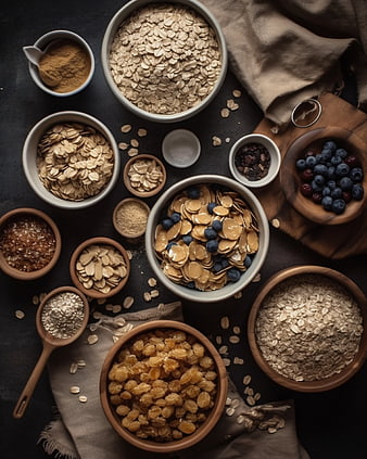 Overhead view of muesli ingredients with oats, berries, and nuts