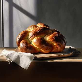 Golden Braided Challah Bread on Wooden Board