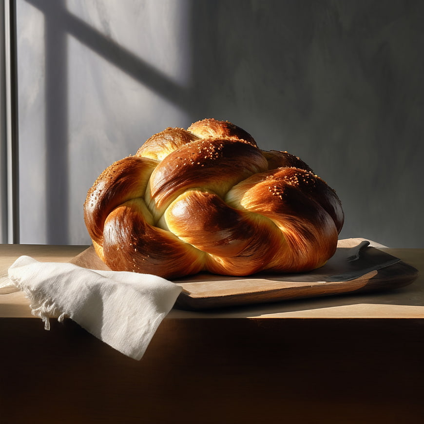 Golden Braided Challah Bread on Wooden Board