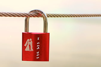 Red love padlock with I and you text on metal cable