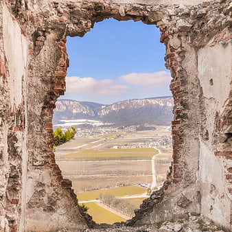 View of Austrian Valley Through Castle Ruin Window