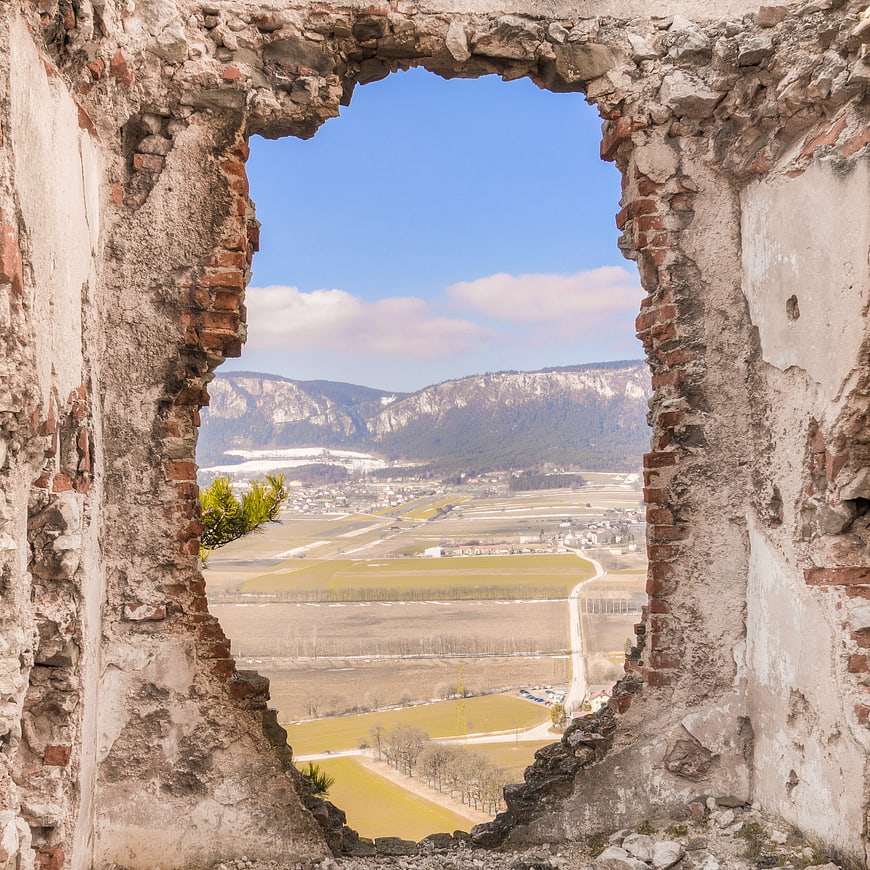 View of Austrian Valley Through Castle Ruin Window