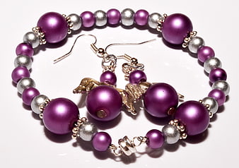 Purple and Silver Beaded Bracelet with Angel Earrings