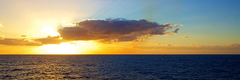 Panoramic Ocean Sunset with Golden Sunlight and Clouds