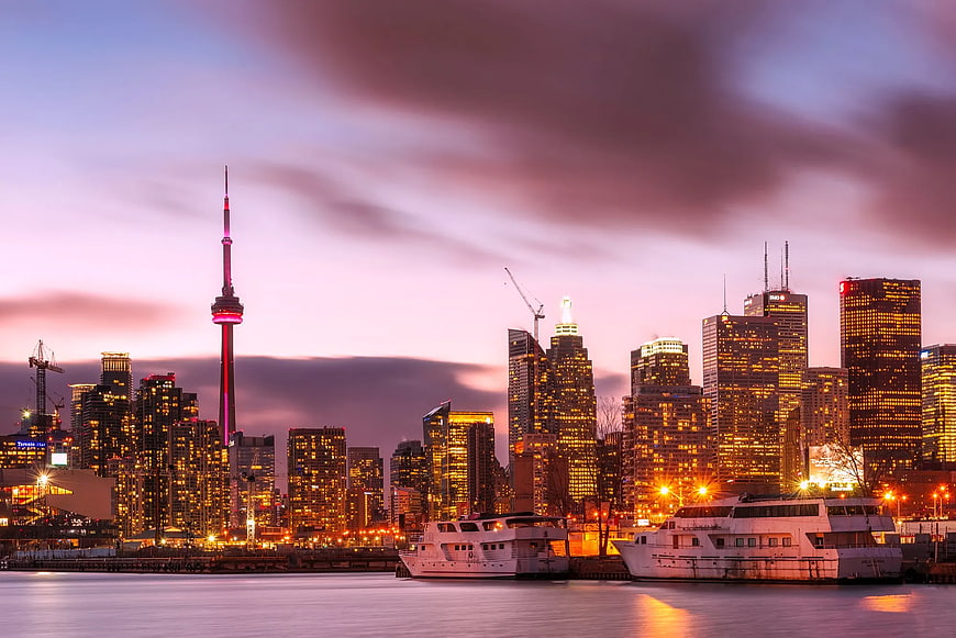 Toronto Skyline at Dusk with CN Tower and Boats