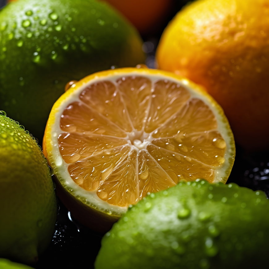 Fresh Citrus Fruits with Water Droplets Close-Up