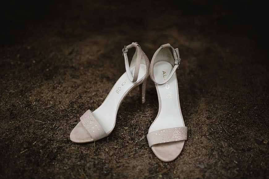 Sparkling Nude Wedding Heels on Dirt Ground