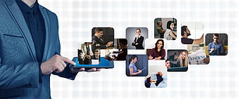 Businessman Holding Tablet With Floating Business Team Photos