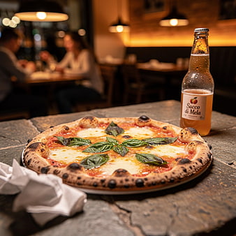Authentic Margherita Pizza with Basil and Apple Juice in Restaurant