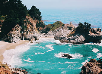 Aerial View of McWay Falls Waterfall on Big Sur Coastline