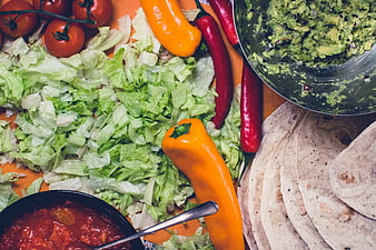 Top View of Fresh Mexican Burrito Ingredients and Guacamole