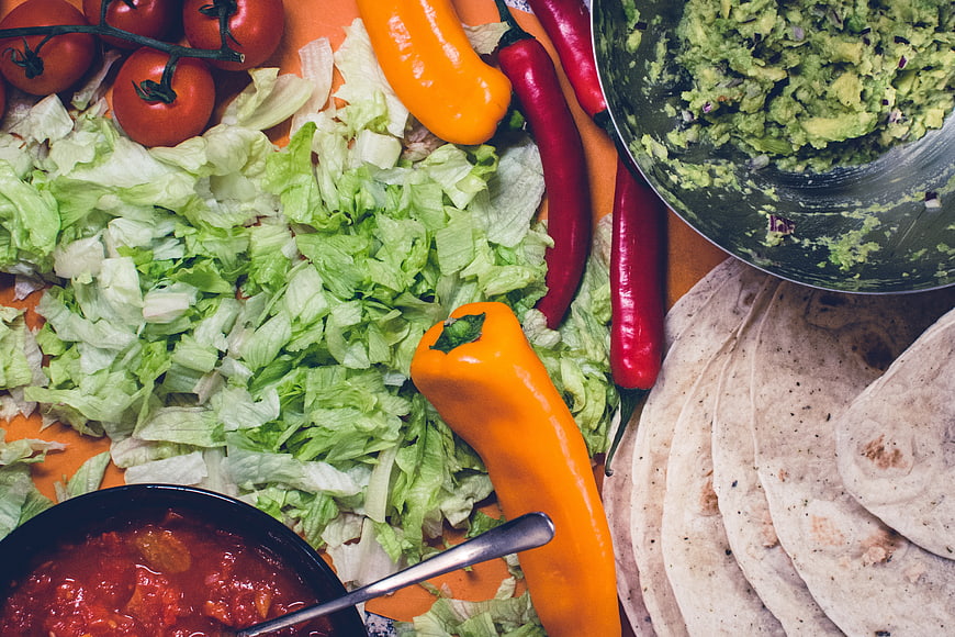 Top View of Fresh Mexican Burrito Ingredients and Guacamole