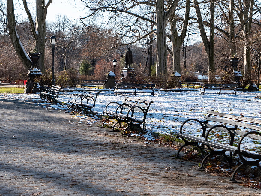 Snowy Park Benches in Winter Landscape