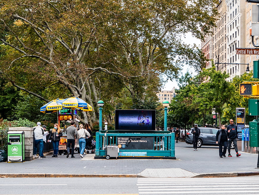 New York City Street Scene with Subway Entrance and Hot Dog Stand