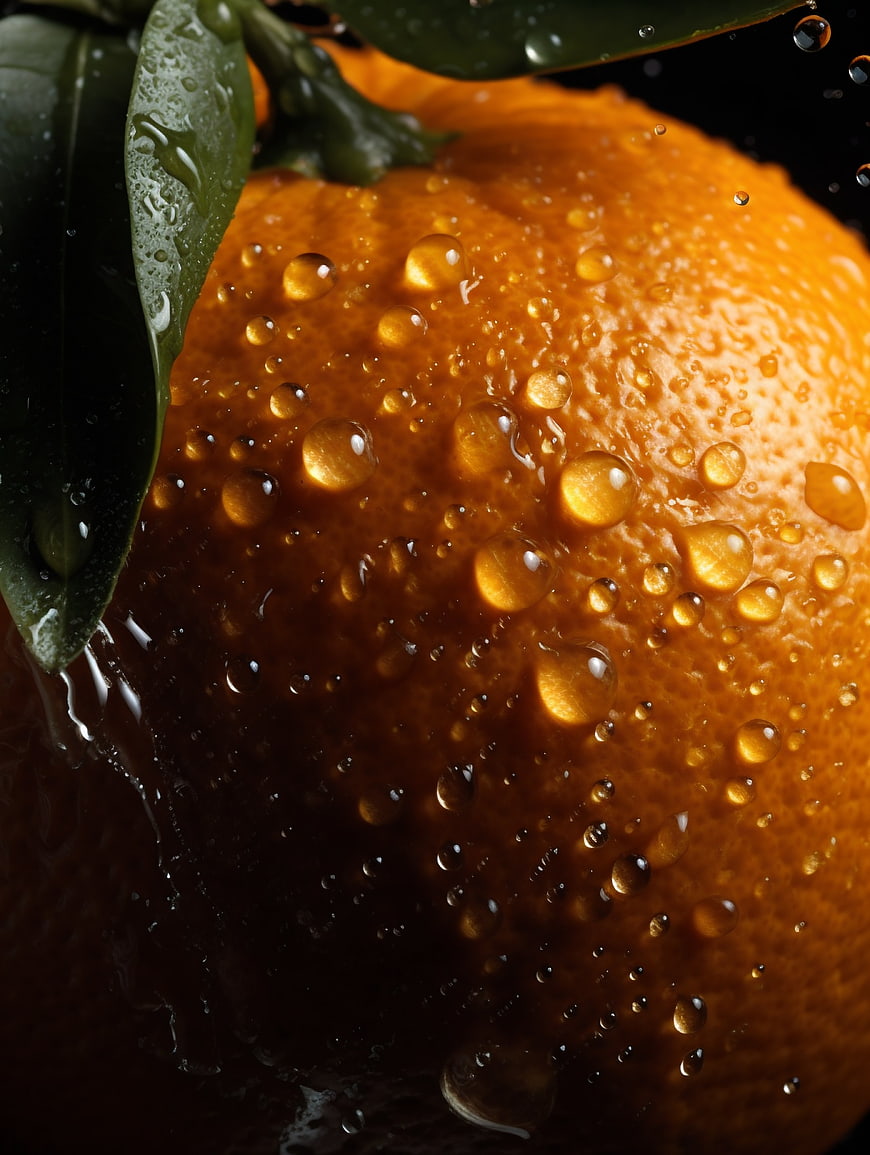 Close-up of fresh orange with water droplets and green leaf
