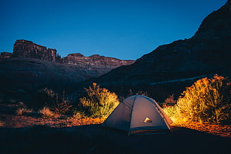 Camping Tent in Desert Canyon at Blue Hour