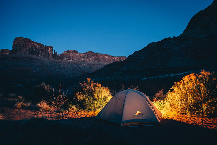 Camping Tent in Desert Canyon at Blue Hour