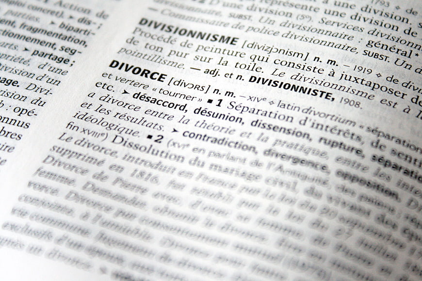 Close-up of French dictionary definition for divorce