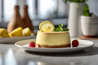 Creamy Lemon Cheesecake with Mint and Raspberries
