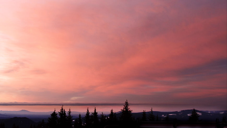 Vibrant Pink Sunset Sky Over Silhouetted Mountain Forest