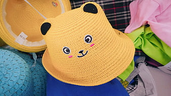 Cute yellow bear face straw bucket hat for kids