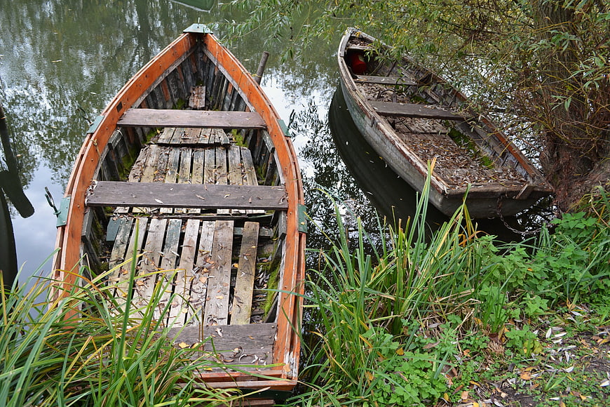 Old wooden boats resting by a lakeside in autumn