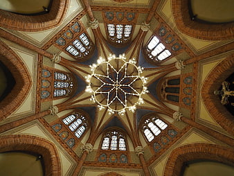 Ornate Gothic Cathedral Ceiling with Chandelier and Stained Glass