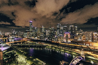 Night Skyline of Melbourne City with Yarra River and Bridges