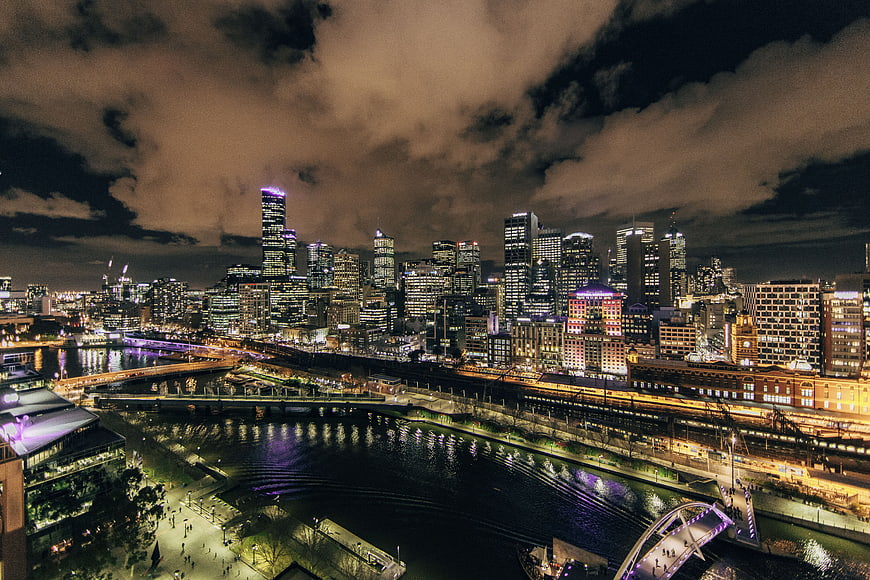 Night Skyline of Melbourne City with Yarra River and Bridges