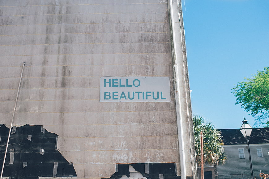 Hello Beautiful Sign on Weathered Concrete Wall