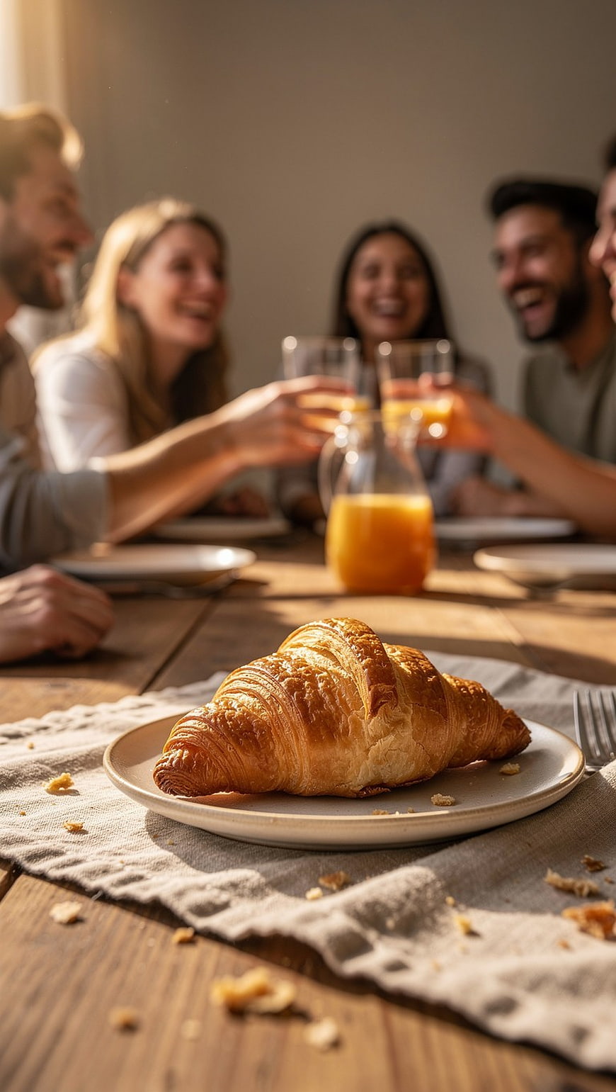 Golden Croissant on Table with Friends Toasting in Background