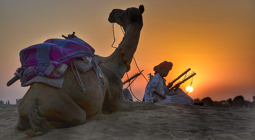 Camel and Musician in Desert at Sunset