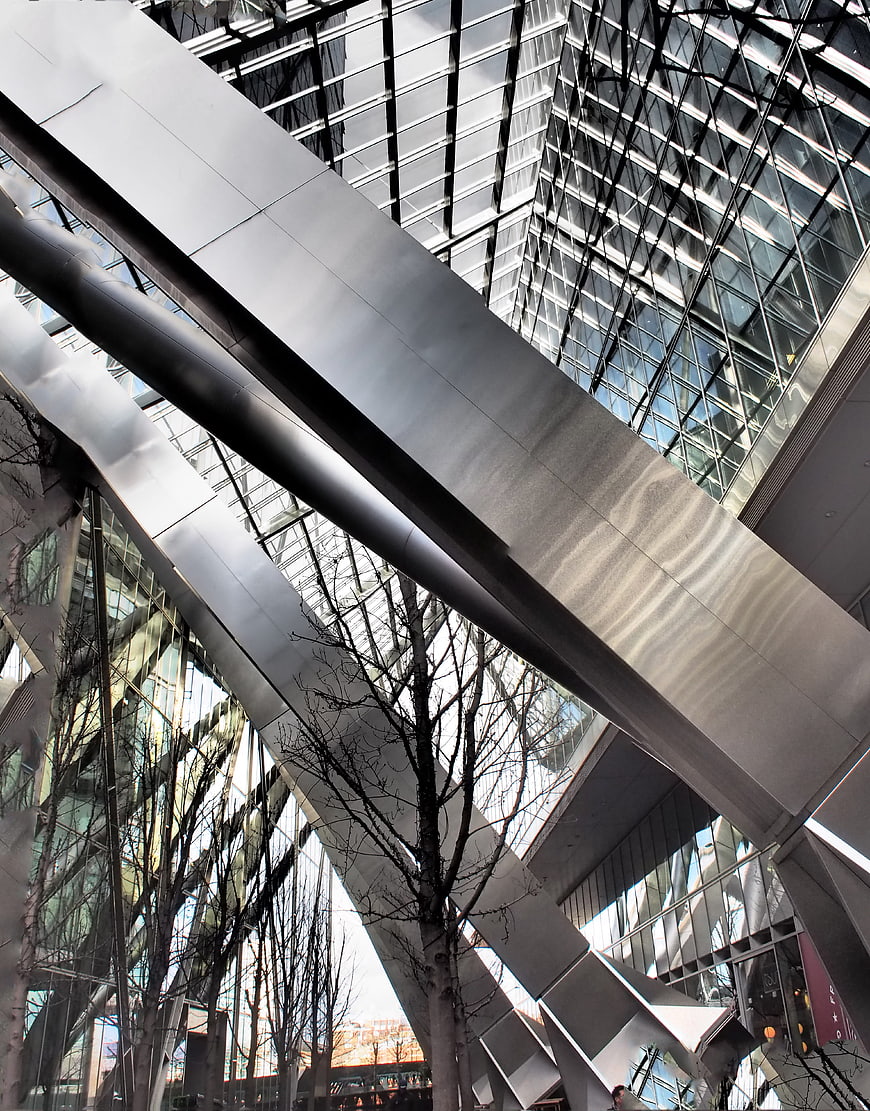 Modern Glass and Steel Architecture with Diagonal Beams