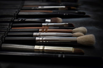 Professional makeup brushes arranged in a black leather case