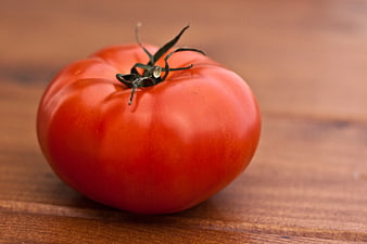 Fresh red tomato on rustic wooden table background