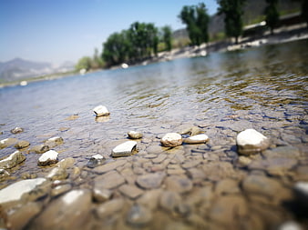 Clear shallow river water flowing over smooth stones