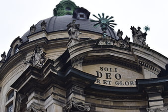 Baroque Church Dome with Latin Inscription and Statues