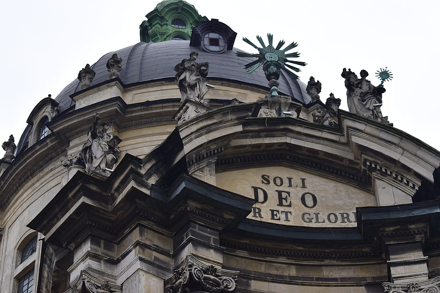Baroque Church Dome with Latin Inscription and Statues