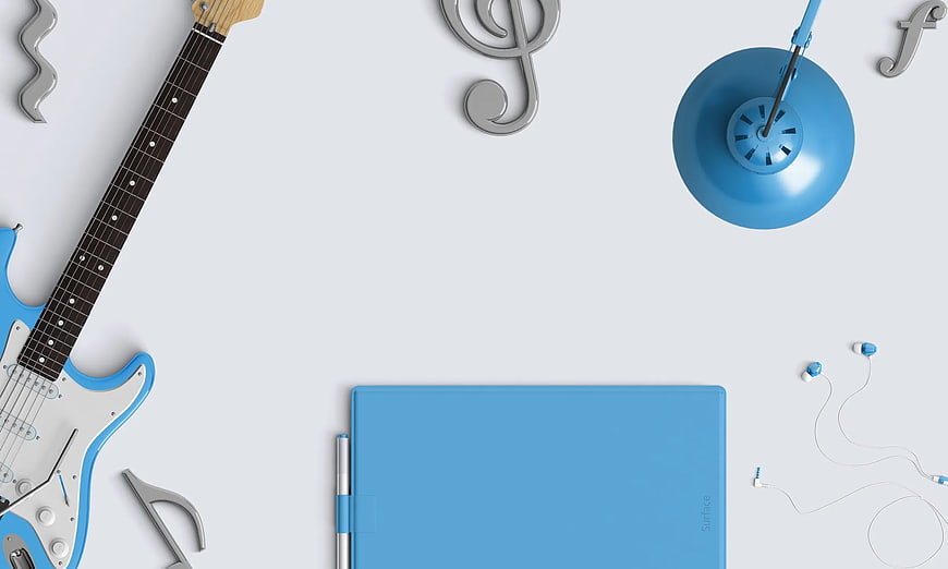 Blue Electric Guitar Flat Lay with Music Notes and Notebook