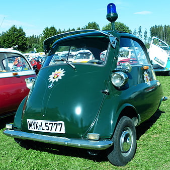 Vintage Green BMW Isetta Police Car At Outdoor Car Show