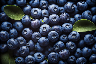 Fresh Blueberries with Green Leaves Top View