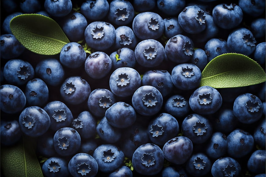 Fresh Blueberries with Green Leaves Top View